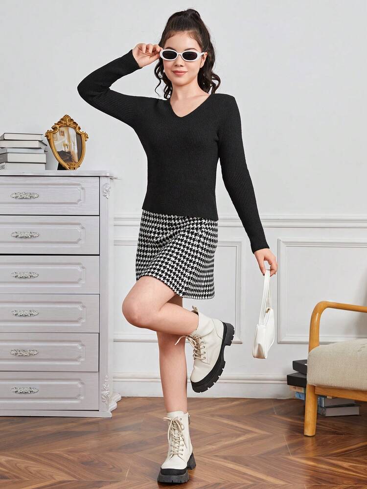 Teen Girl V Neck Ribbed Knit Sweater