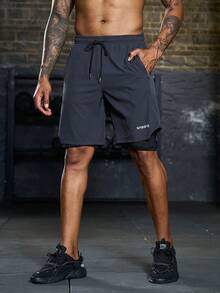 Manfinity Sport Corelite 男士字母圖案腰部抽繩二合一運動短褲帶手機袋 - 深灰色 - 查看 6