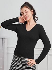 Teen Girl V Neck Ribbed Knit Sweater - Black - View 1