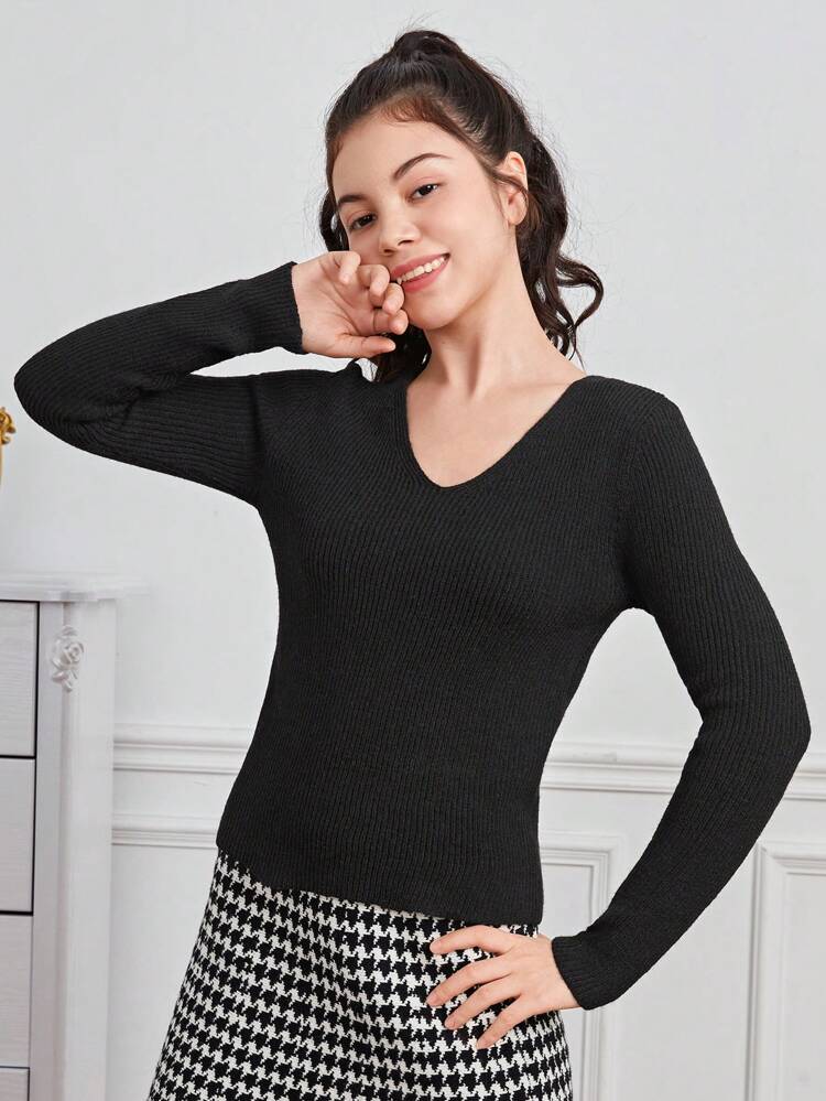 Teen Girl V Neck Ribbed Knit Sweater