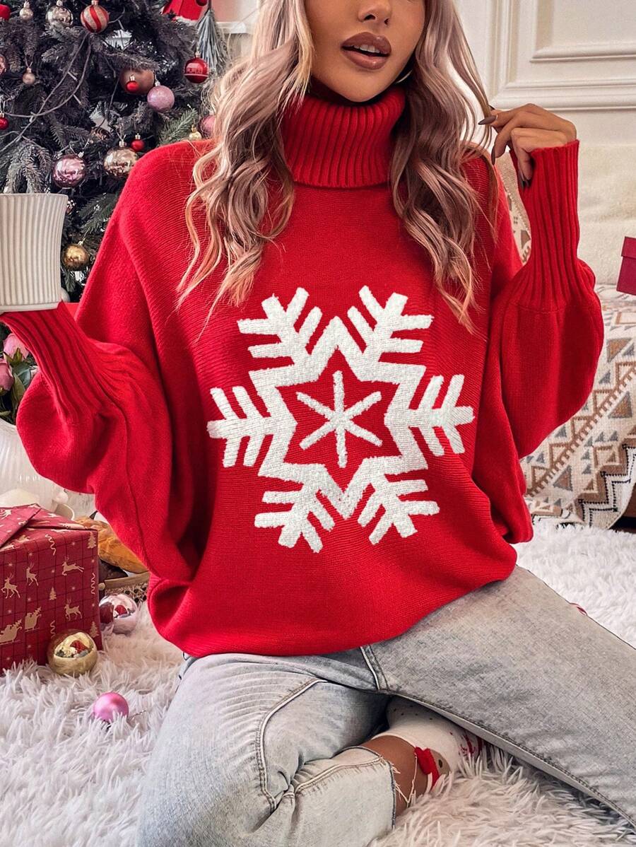 EMERY ROSE Christmas Snowflake Pattern Turtleneck Batwing Sleeve Sweater For New Year Knit Pullover Fall Winter Sweater - Red - View 1