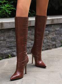 紅蛇印花基本款女士時尚尖頭細高跟靴子，面料圖案隨機 - 酒紅色 - 查看 1