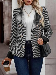 SHEIN Clasi Chevron Print Double Breasted Blazer - Black - View 4