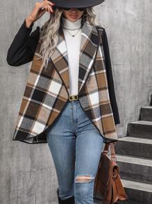 SHEIN LUNE Plaid Print Contrast Binding Open Front Coat - Khaki - View 1