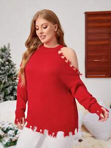 SHEIN Clasi Hơn Vai lạnh Áo len Distressed - Đỏ - Xem 3