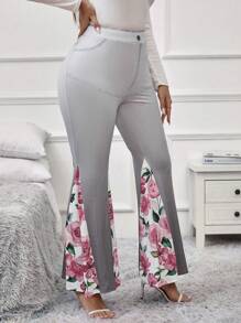 SHEIN Clasi Talla grande Pantalones acampanados con estampado floral de ombré - Gris Claro - Ver 5