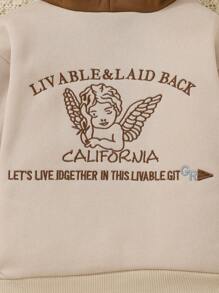 Baby Girl Embroidery Slogan & Angel Pattern Contrast Hoodie