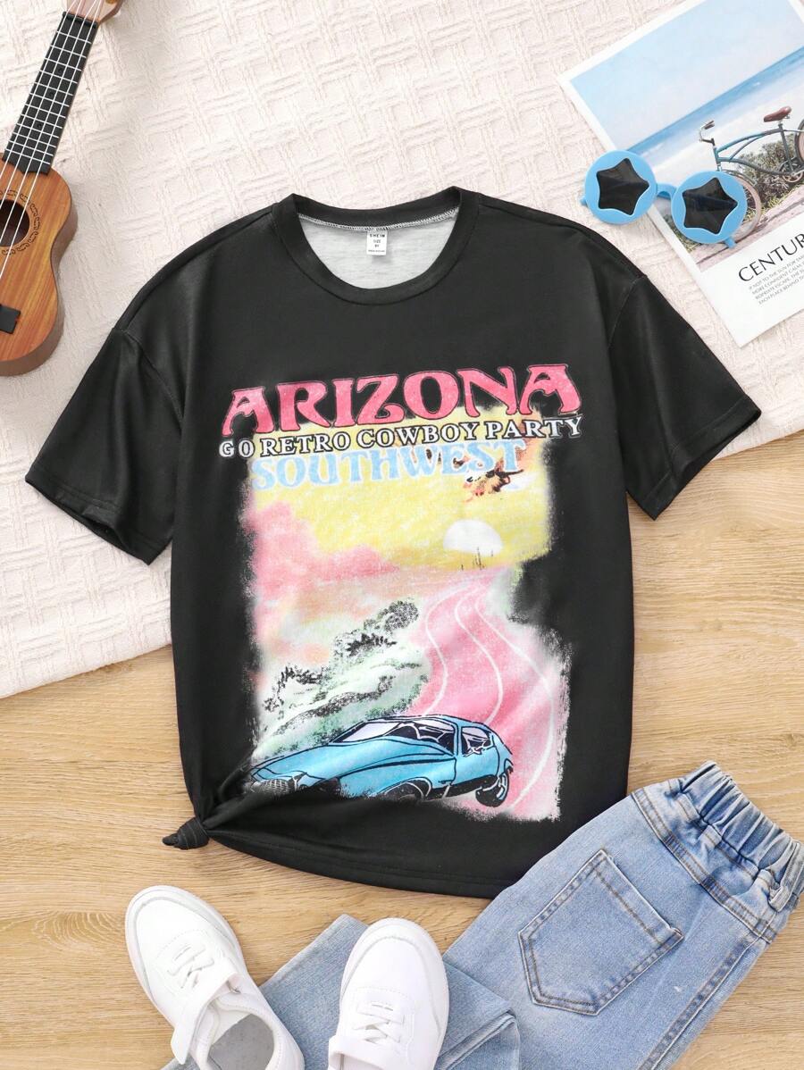 SHEIN 女大童汽車和字母圖案T恤 - 黑色 - 查看 1