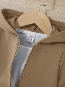 SHEIN 男嬰字母拼貼細節連帽運動衫和運動褲（不帶T恤） - 卡其色 - 查看 3