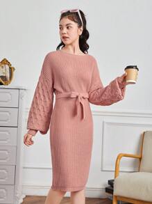 Teenager Mädchen Pulloverkleid mit Drop Shoulder Gürtel,