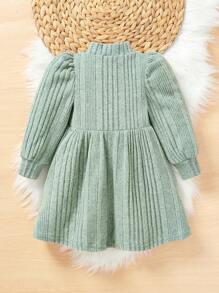 SHEIN Baby Girls Letter Embroidery Mock Neck Lantern Sleeve Dress - Green - View 2