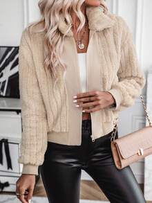 SHEIN LUNE Dây kéo Thả vai Áo Teddy Jackets - Màu be - Xem 5