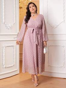 Modelyn 大碼V領燈籠袖束腰帶洋裝 - 藕粉色 - 查看 3