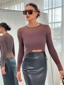 SHEIN Essnce Jersey unicolor tejido de canalé - Café integral - Ver 3