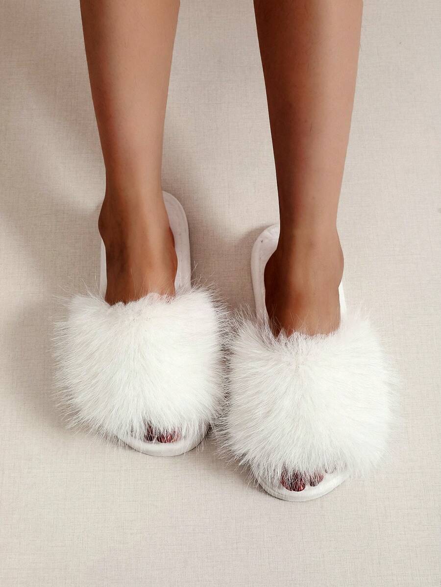 Fall/Winter New Arrival Plush Women's Indoor Slippers,Fluffy Slippers - White - View 1