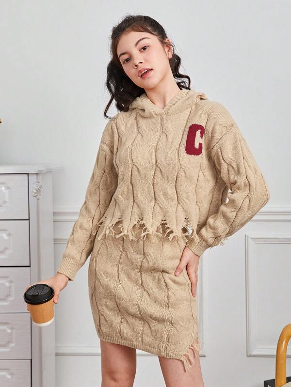 Teen Girl Letter Pattern Drop Shoulder Distressed Hooded Sweater & Knit Skirt