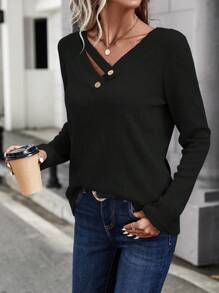 SHEIN LUNE Button Detail V Neck Tee - Black - View 3