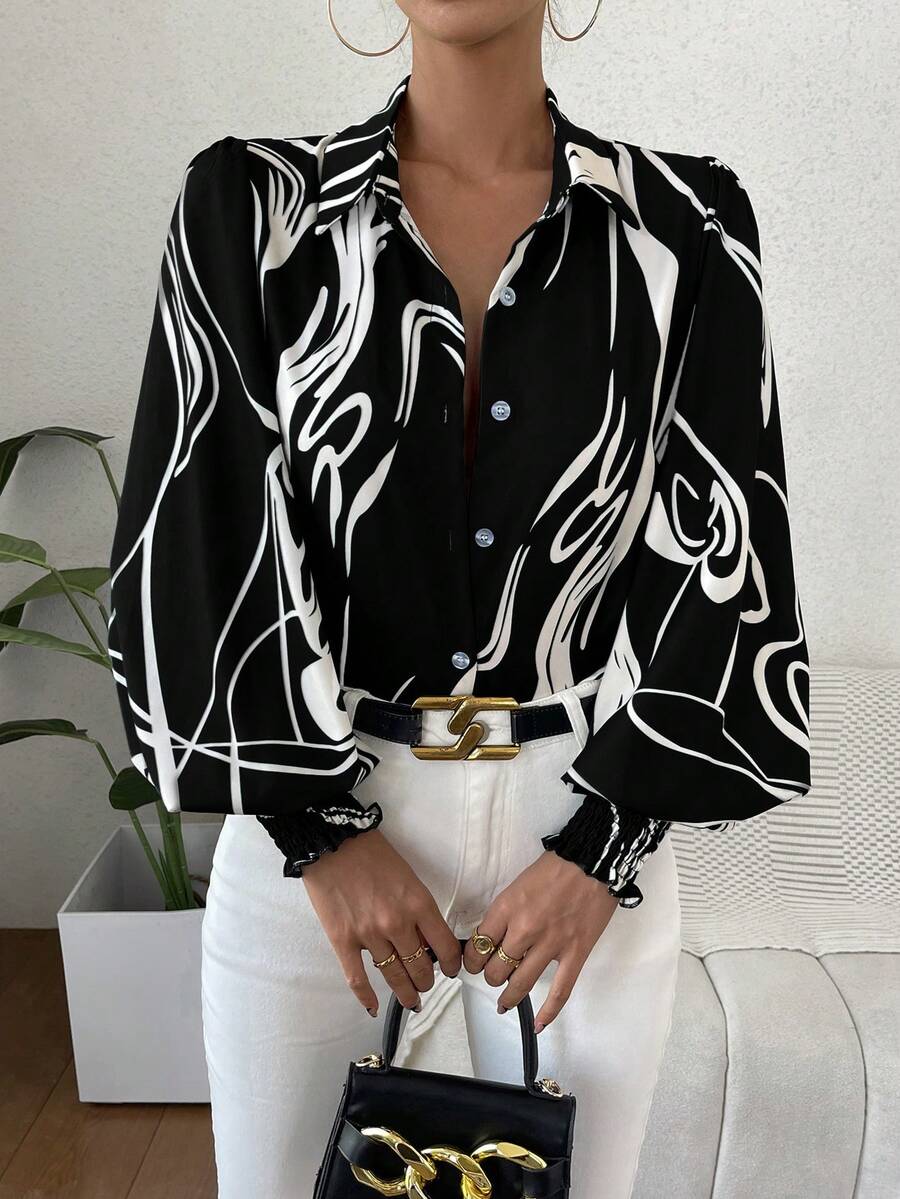 SHEIN Privé Camisa con estampado de dibujo de manga farol - Multicolor - Ver 1