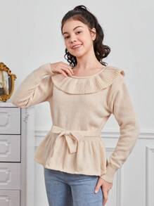 Teen Girl Ruffle Trim Belted Sweater
