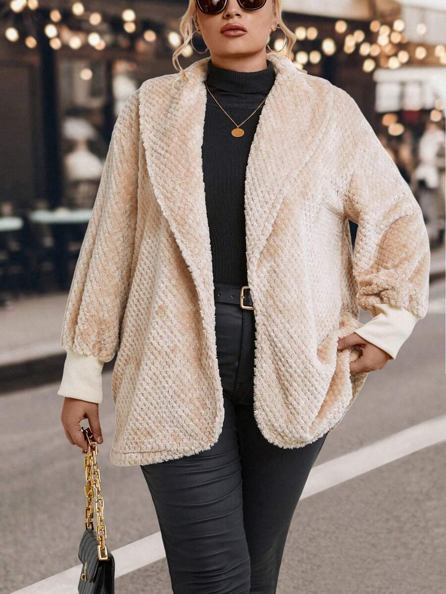 SHEIN LUNE Plus Shawl Collar Open Front Fleece Coat - Apricot - View 1