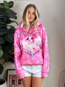 SHEIN EZwear Tie Dye Heart & Cat Print Drop Shoulder Hoodie - Pink - View 4