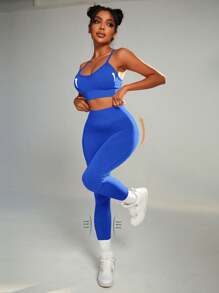 Easithlete Crisscross Back Scrunch Butt Wideband Waist Sports Set - Royal Blue - View 4