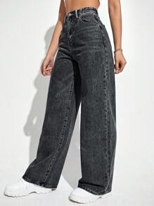 SHEIN ICON 高腰闊腿牛仔褲 - 淺灰色 - 查看 3