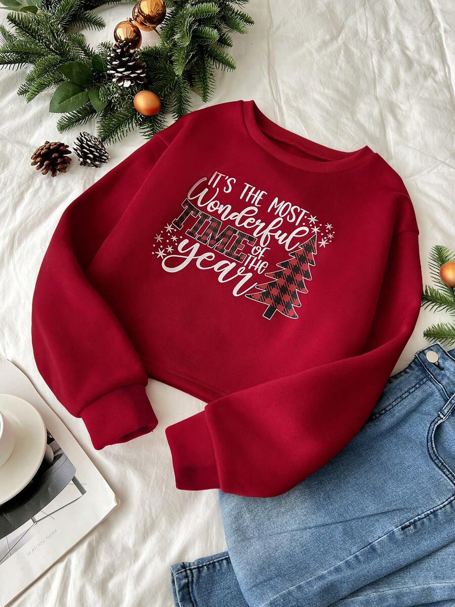 SHEIN LUNE In Giáng sinh Lót nhiệt Áo nỉ - Màu Đỏ Sâu - Xem 1