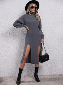 SHEIN Essnce Áo len cổ lọ có tay áo xẻ đùi không có thắt lưng - Xám - Xem 3