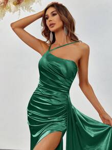 Asymmetrical Neck Ruched Split Thigh Satin Formal Dress - Dark Green - View 5