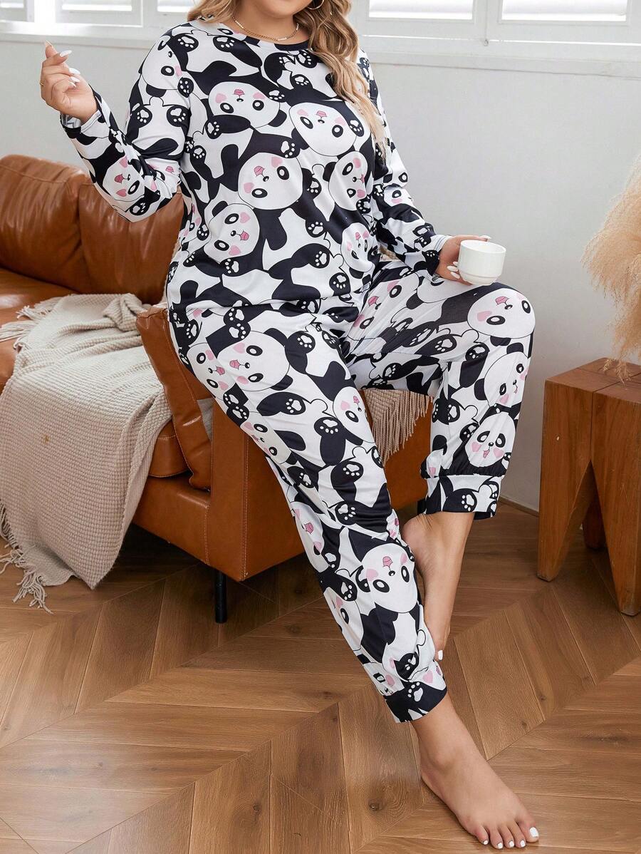 Talla grande Conjunto de pijama panda de dibujos animados con estampado - Blanco y Negro - Ver 1