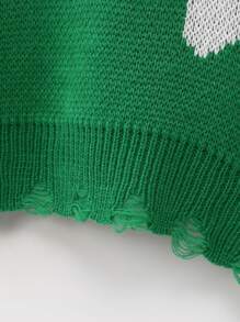 Teen Girl Floral Pattern Drop Shoulder Distressed Sweater - Green - View 4