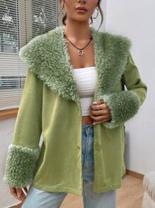 SHEIN EZwear Fuzzy Collar and Cuff Button Up Coat - Green - View 5