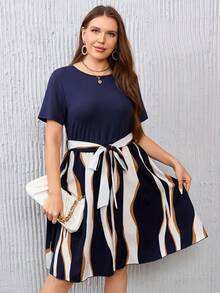 Plus Colorblock Belted Dress - Multicolor - View 5