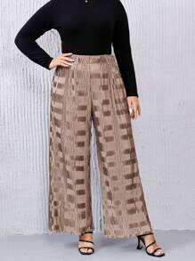 SHEIN Privé Plus Textured Wide Leg Pants - Camel - View 1