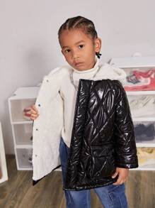 SHEIN 男小童翻蓋口袋插肩袖連帽絎縫外套