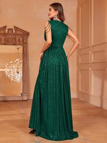 Faeriesty Chain Detail Plunging Neck Christmas Sequin Church Prom Dress - Dark Green - View 2