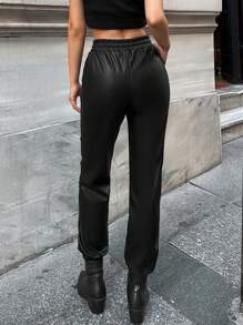 EURMUSE Drawstring Waist Slant Pocket Pants - Black - View 2