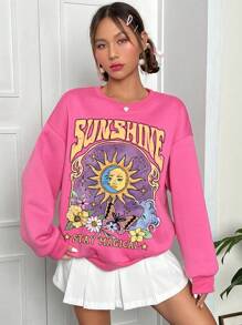 SHEIN EZwear 女士太阳字母印花圆领超大长袖运动衫 - 玫紅色 - 查看 4