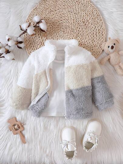 SHEIN Playful Pals Baby Boy Reversible Fleece Grey Patchwork Zipper Jacket , Fashionable Street Style Fit For Autumn/Winter Outings, Soft Plush Fabric, Comfortable