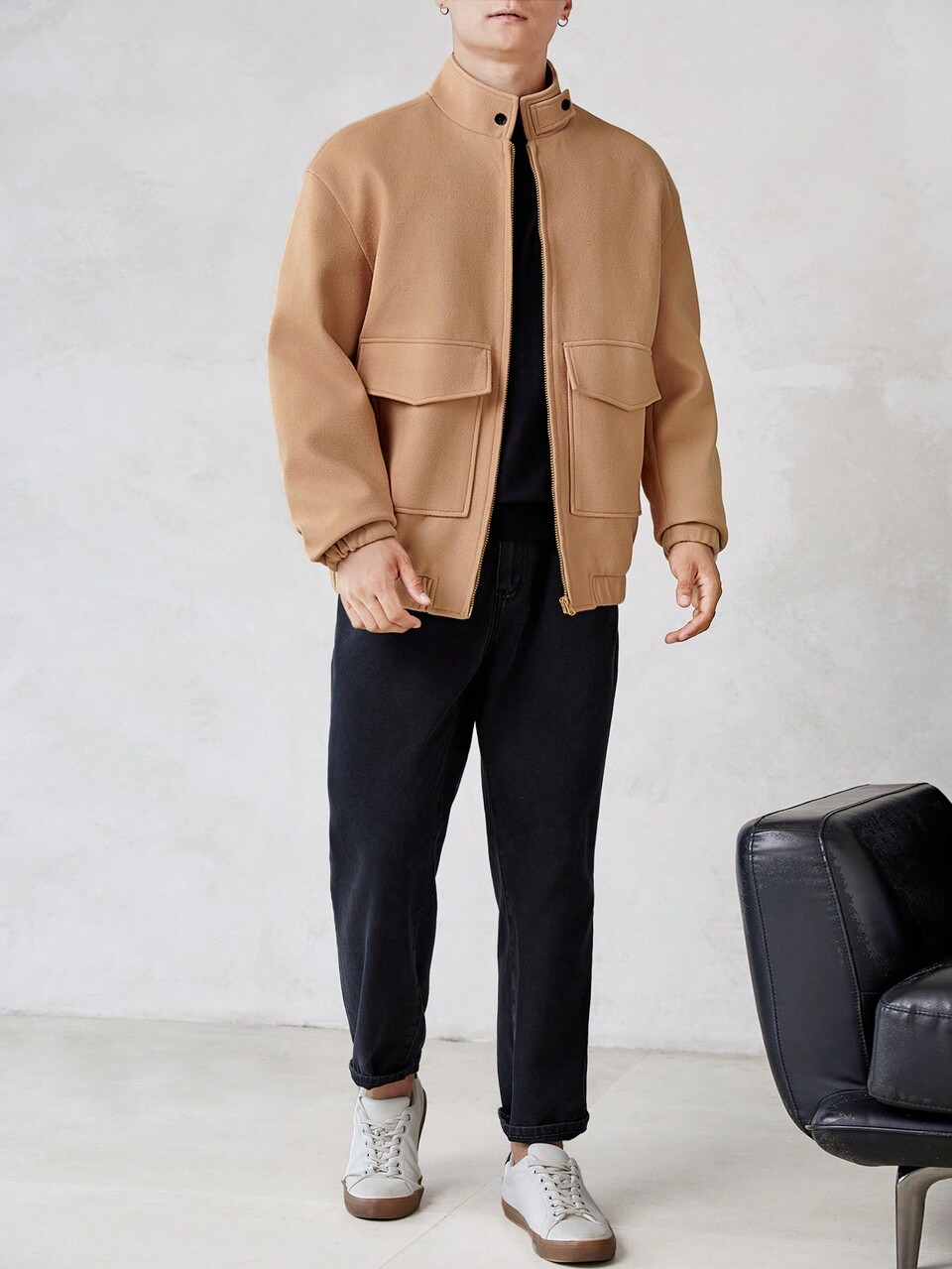 Loose Fit Men's Flap Pocket Zip-Up Overcoat, For Fall Winter