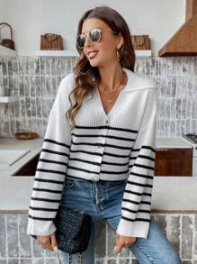 SHEIN Frenchy 條紋圖案落肩開衫 - 黑與白 - 查看 3