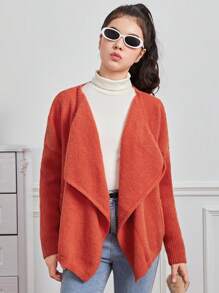 Teen Girl Waterfall Collar Dual Pocket Drop Shoulder Cardigan