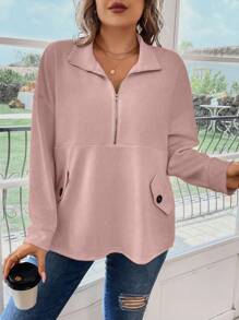 Calvaya 加大码半拉链落肩翻盖细节套头卫衣秋季卫衣 - 藕粉色 - 查看 3