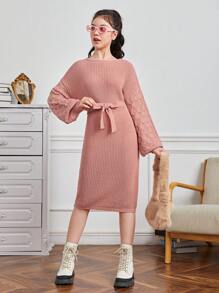 Teenager Mädchen Pulloverkleid mit Drop Shoulder Gürtel,