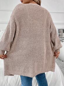 EMERY ROSE Plus Size Women Solid Color V-Neck Dropped Shoulder Casual Simple Versatile Cardigan Knitted Sweater, Autumn/Winter Fall Cloth For Women - Khaki - View 2