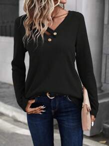 SHEIN LUNE Button Detail V Neck Tee - Black - View 1