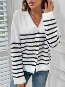 SHEIN Frenchy 條紋圖案落肩開衫 - 黑與白 - 查看 1