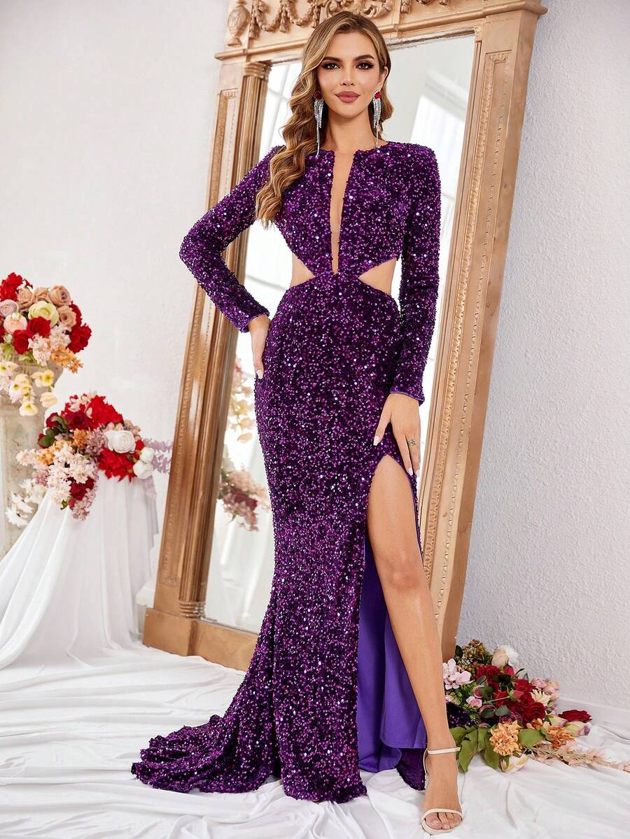 LOVE&LEMONADE Vestido de fiesta con abertura de muslo con abertura con lentejuelas - Morado - Ver 1