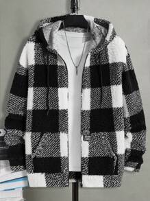 Manfinity VCAY Hombres Chaqueta Teddy Con Capucha Con Estampado De Cuadros De Búfalo, Hombro Caído Con Cordón Pero Sin Camiseta